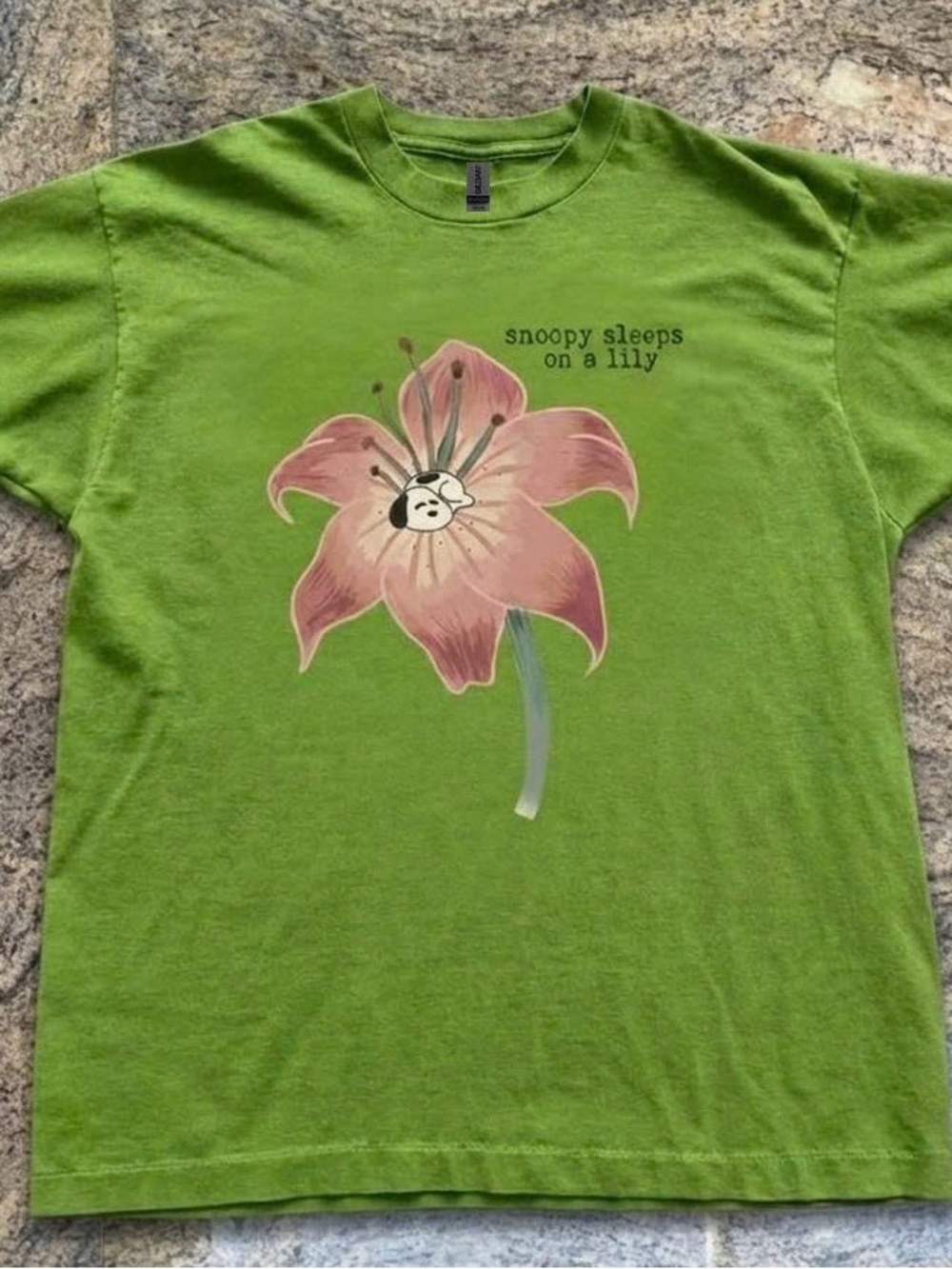 Gildan Green Tee with Pink Lily & Snoopy Graphic